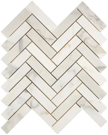 Calacatta Gold polished 1 x 4 herringbone marble mosaic for elegant kitchen backsplashes and bathroom walls.