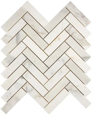 Calacatta Gold Marble 1 x 4 Herringbone Mosaic – Honed Finish – Elegant Matte Texture