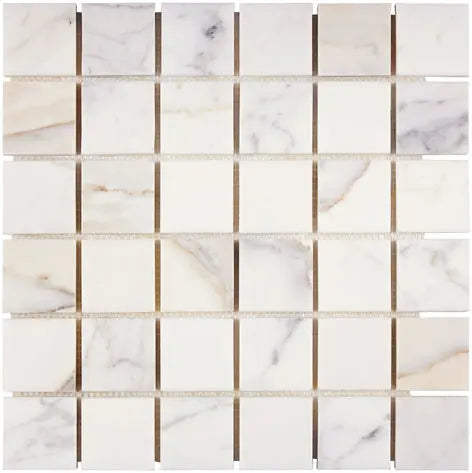 Calacatta Gold honed 2 x 2 mosaic tile for modern shower walls and decorative accents.