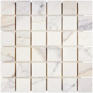Calacatta Gold honed 2×2 square marble mosaic.