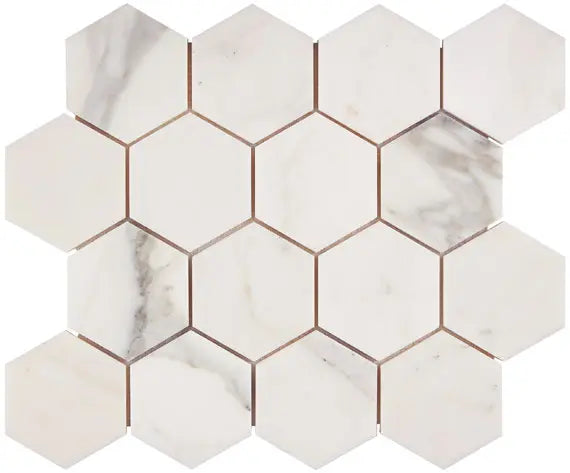 Calacatta Gold marble 3-inch hexagon mosaic with a honed finish.