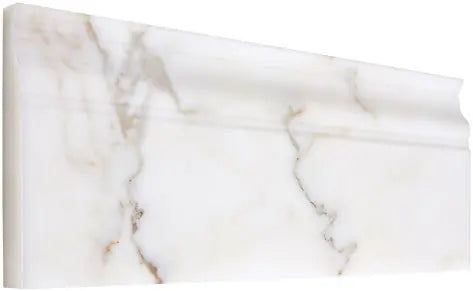 Calacatta Gold polished 4 3/4 x 12 marble baseboard for refined wall-to-floor transitions.