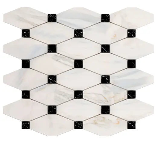 Calacatta Gold elongated hexagon mosaic with black accent dots.