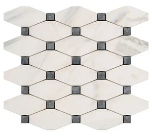 Calacatta Gold elongated hexagon mosaic with blue-gray accent dots.