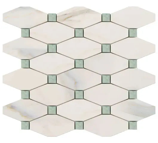 Calacatta Gold elongated hexagon mosaic with green accent dots.