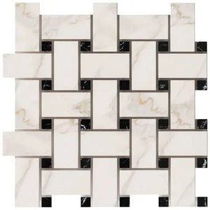 Calacatta Gold large basketweave mosaic with black accent dots.