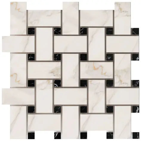 Calacatta Gold large basketweave mosaic with black accent dots.