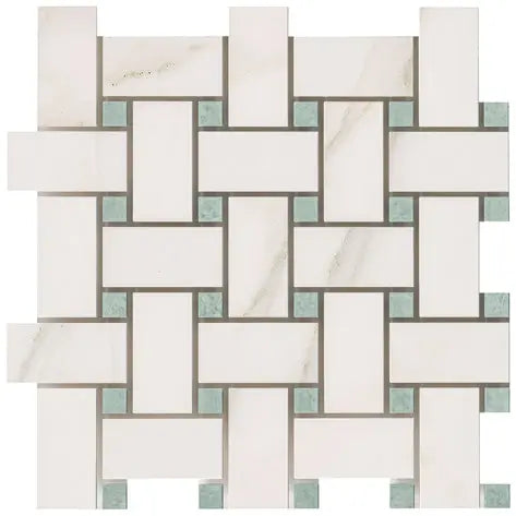 Calacatta Gold large basketweave mosaic with green accent dots.