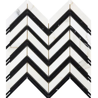 Calacatta Gold polished Large Chevron Marble Mosaic with Black Stripes for bold kitchen backsplashes and bathroom floors.