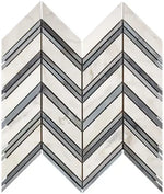 Calacatta Gold polished Large Chevron Marble Mosaic with Blue Stripes for bold kitchen backsplashes and bathroom walls.