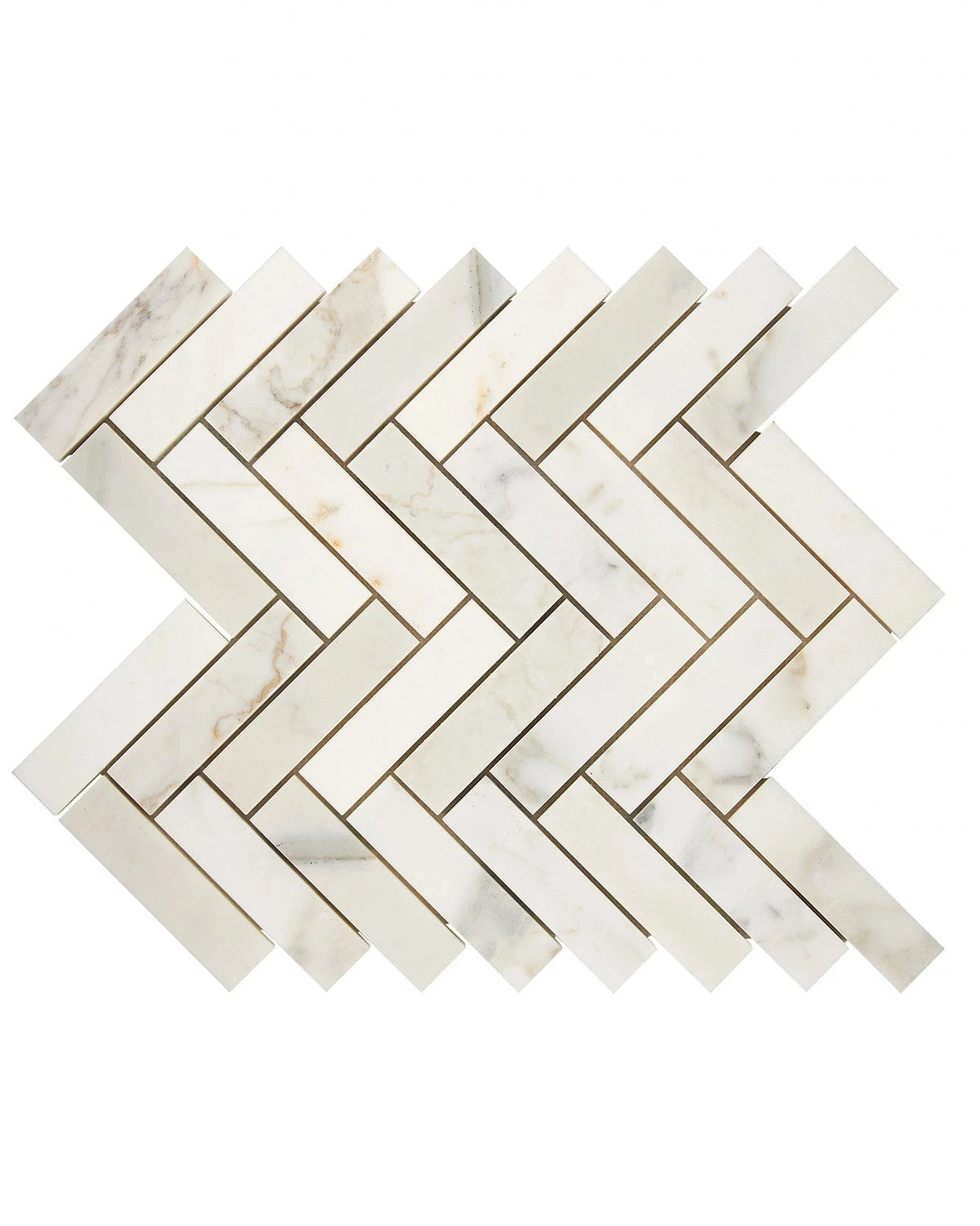 Calacatta Gold 1×4 herringbone marble mosaic in polished or honed finish.