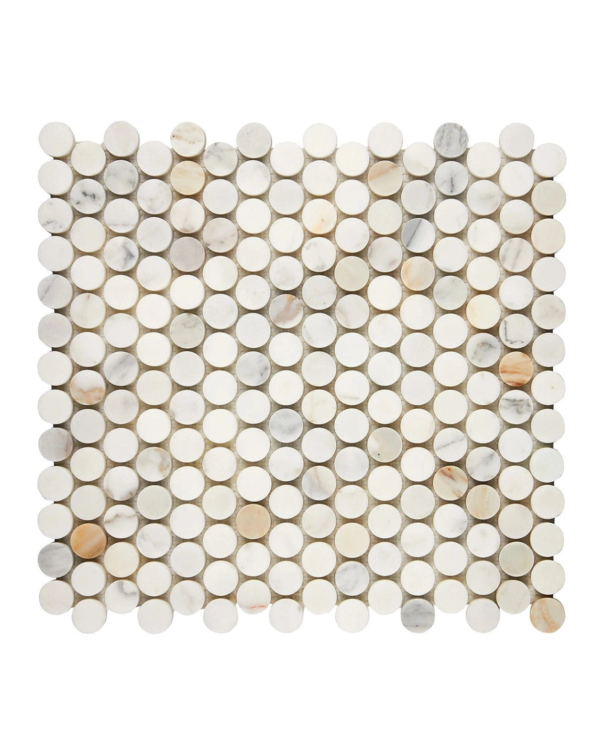Calacatta Gold penny round marble mosaic in polished or honed finish.