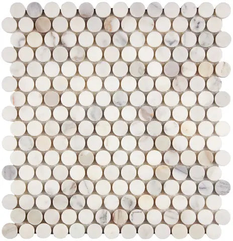 Calacatta Gold polished penny round mosaic for charming kitchen backsplashes and elegant shower floors.