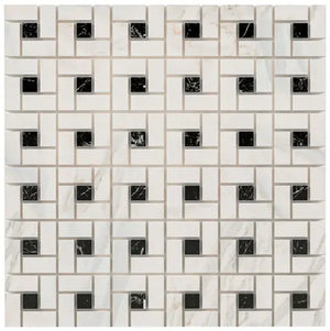 Calacatta Gold polished pinwheel mosaic tile with Black Dots for bold kitchen backsplashes and bathroom floors.
