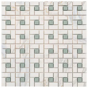 Calacatta Gold pinwheel mosaic with green accent dots.