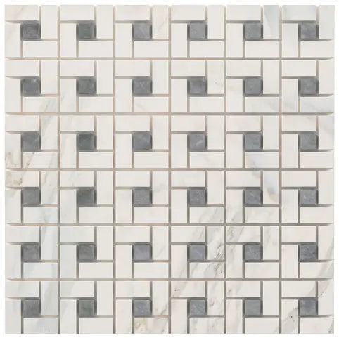 Calacatta Gold pinwheel mosaic with blue-gray accent dots.
