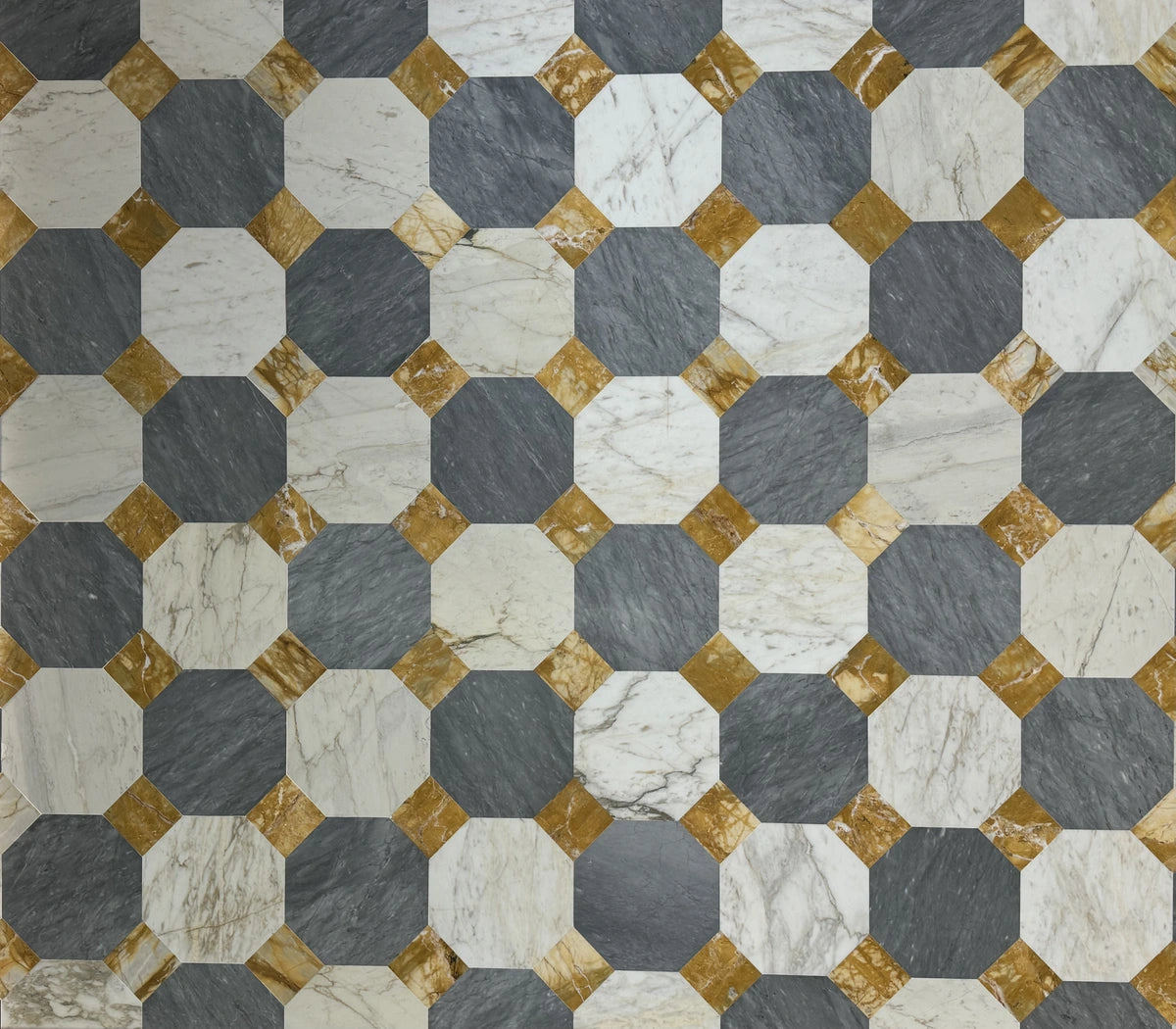 Elegant wall tiles with a harmonious blend of blue, gold, and white marble, featured in a high-end department store. Beautifully designed for a luxurious look with seamless color coordination.