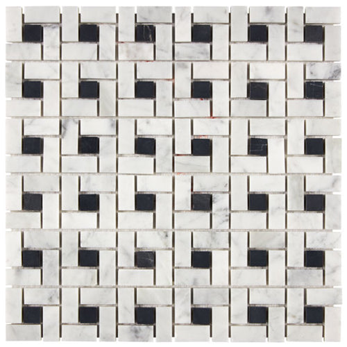 Carrara White Gioia marble pinwheel mosaic with dark accent dots; confirm stocked accent color.