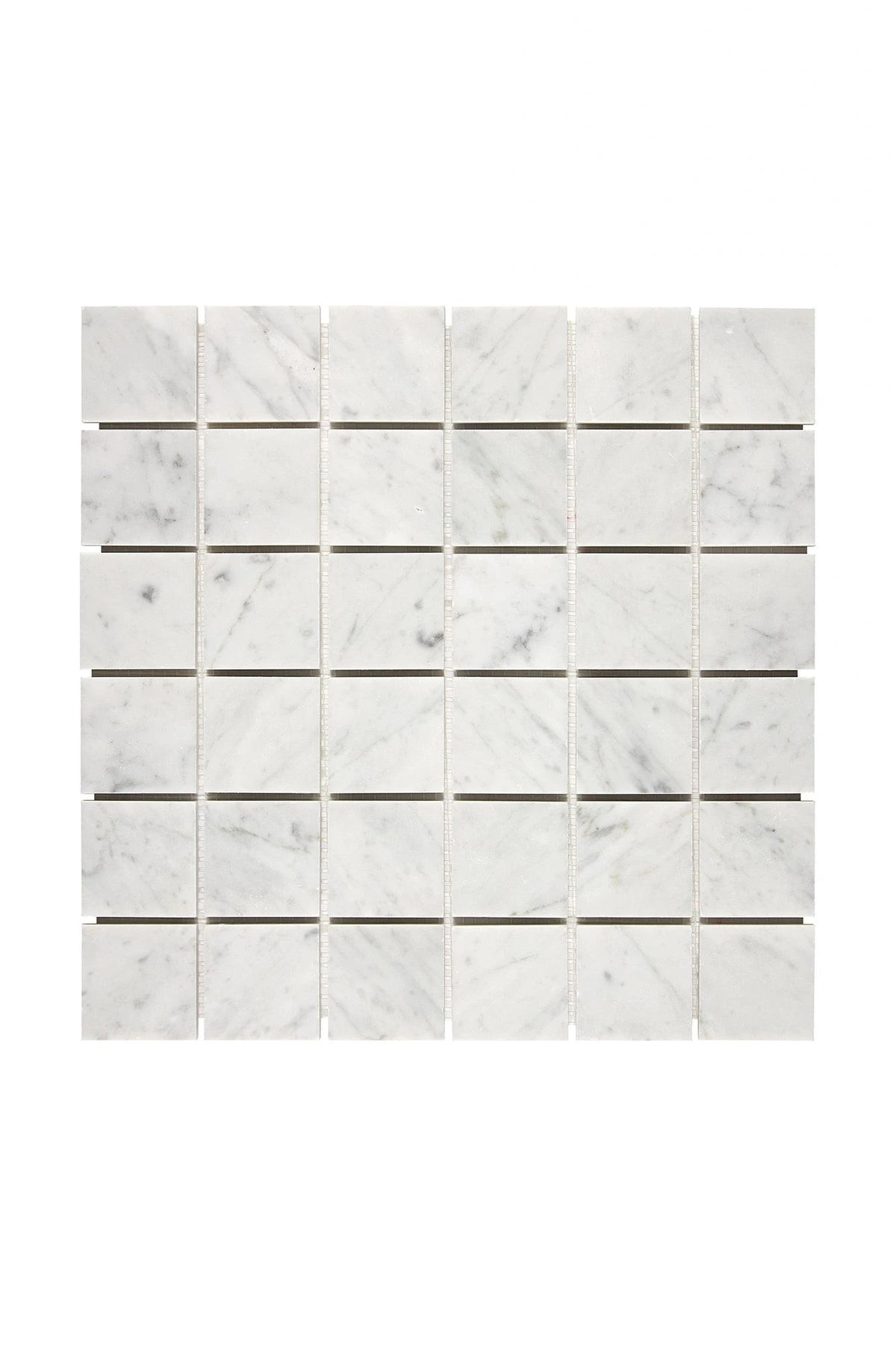 Carrara White Gioia marble 2×2 square mosaic in polished or honed finish.