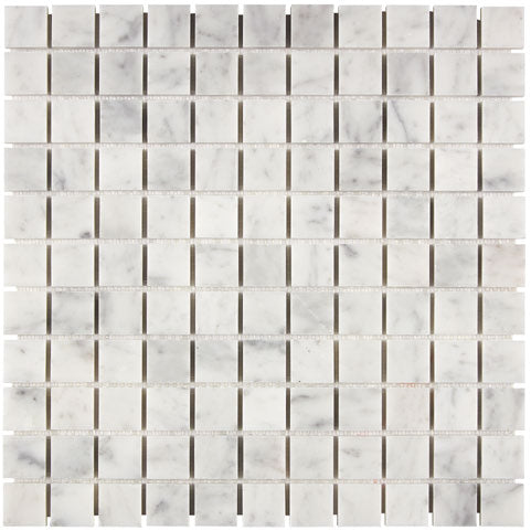 Carrara White Gioia honed 1 x 1 mosaic tile for modern shower floors and decorative accents.