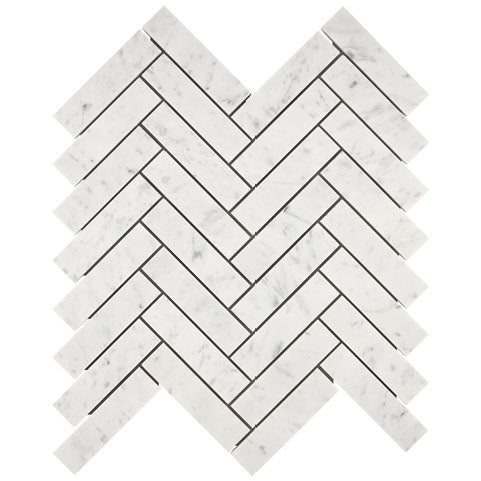 Carrara White Gioia polished herringbone 1 x 4 marble mosaic for elegant kitchen backsplashes and bathroom floors