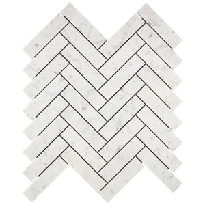 Carrara White Gioia polished 1×4 herringbone marble mosaic.