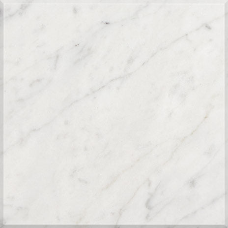 Carrara White Gioia polished 24 x 24 marble tile for expansive kitchen floors and bathroom walls.