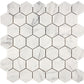 Carrara White Gioia polished hexagon 2-inch marble mosaic for elegant kitchen backsplashes and bathroom floors.