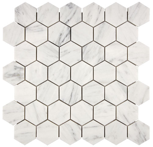 Carrara White Gioia polished hexagon 2-inch marble mosaic for elegant kitchen backsplashes and bathroom floors.