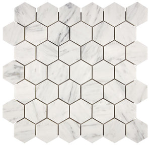 Carrara White Gioia polished 2-inch hexagon marble mosaic.