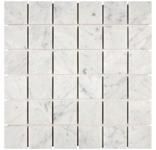 Carrara White Gioia polished 2 x 2 marble mosaic for elegant kitchen backsplashes and bathroom walls