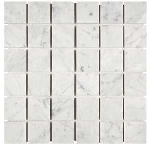 Carrara White Gioia polished 2×2 square marble mosaic.