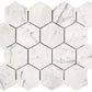 Carrara White Gioia polished hexagon 3-inch marble mosaic for modern kitchen backsplashes and bathroom floors.