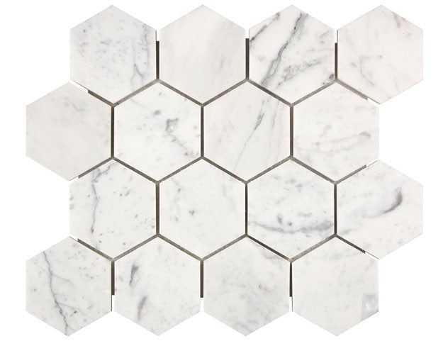 Carrara White Gioia polished hexagon 3-inch marble mosaic for modern kitchen backsplashes and bathroom floors.