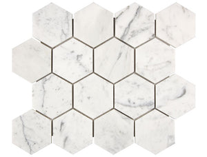 Carrara White Gioia polished 3-inch hexagon marble mosaic.