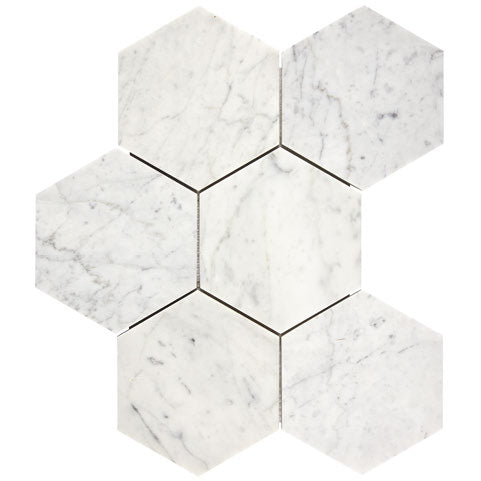 Carrara White Gioia polished 5-inch hexagon marble mosaic for elegant kitchen backsplashes and bathroom walls.