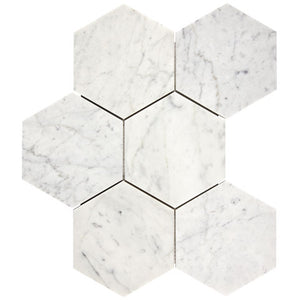 Carrara White Gioia marble 5-inch hexagon mosaic with a polished finish.