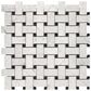 Carrara White Gioia polished basketweave marble mosaic for elegant kitchen backsplashes and bathroom floors.