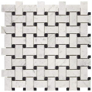 Carrara White Gioia polished basketweave mosaic with black dots.