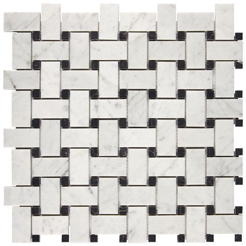 Carrara White Gioia polished basketweave mosaic with black dots.