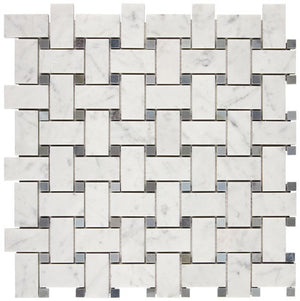 Carrara White Gioia polished basketweave mosaic with blue-gray dots.