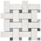 Bianco Carrara large basketweave mosaic tile with blue dots.