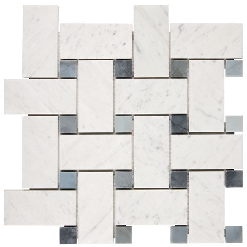 Bianco Carrara large basketweave mosaic tile with blue dots.
