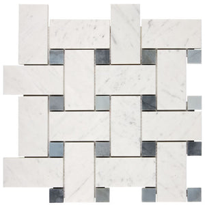 Carrara White Gioia large basketweave mosaic with blue-gray dots; incorrect image for the black-dot product.