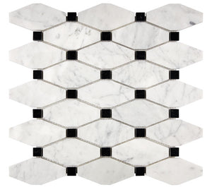 Carrara White Gioia polished elongated hexagon mosaic with black dots.