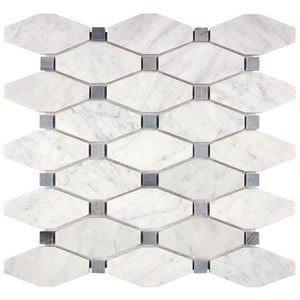 Carrara White Gioia polished elongated hexagon mosaic with blue-gray dots.
