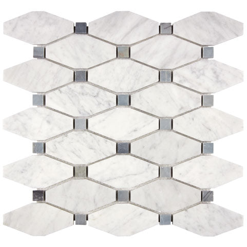 Carrara White Gioia polished elongated hexagon mosaic with blue-gray dots.