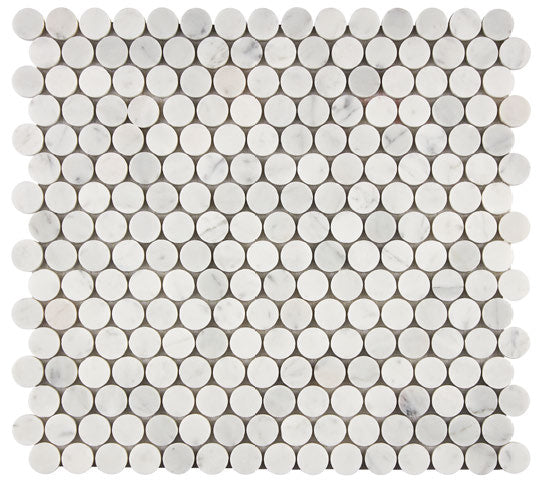 Carrara White Gioia honed penny round mosaic tile for modern shower walls and decorative accents.