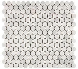 Carrara White Gioia honed penny round marble mosaic.