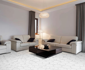 Castellon Dortmund Hex porcelain tile installed on a contemporary living-room floor.
